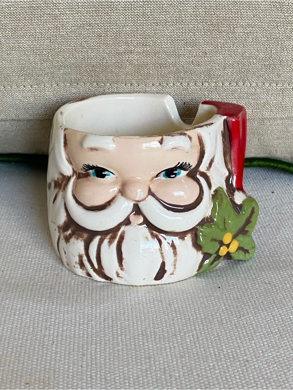 Vintage Mid-Century Ceramic Santa Face Jam Condiment Jar Retro Christmas Holly